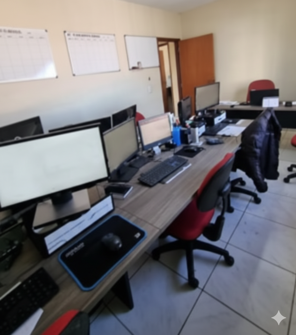 Escritório da MY Engenharia com computadores e quadro branco
